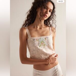 Free People Forever Yours Embroidered Cute Bows Cami Top S